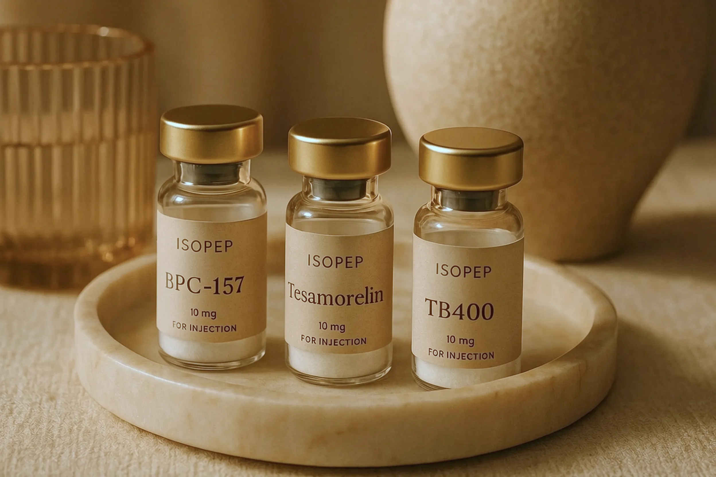 ISOPEP BPC-157, Tesamorelin, and TB400 vials on a marble tray